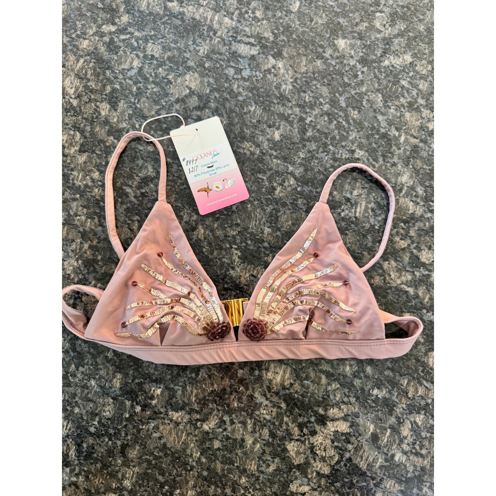 Oceanus Ursula Bikini Top Pink Gold Sequin Beaded Triangle‎ Swim Small NWT